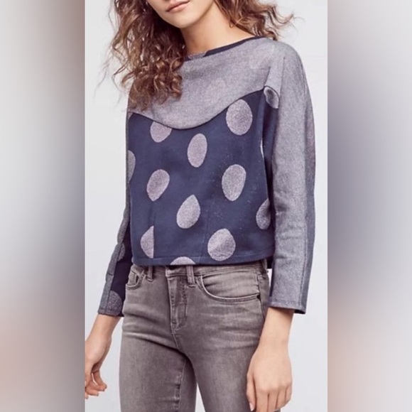 Anthropologie Sweaters - Anthropologie Postmark Polka Dot Blue Metallic Cropped Pullover Dolman Sweater L